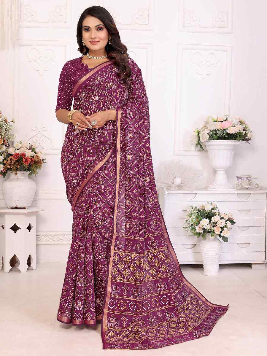Purple Soft Cotton Bandhej Print Zari Weaving Work Festival Wedding Fancy Heavy Border Saree