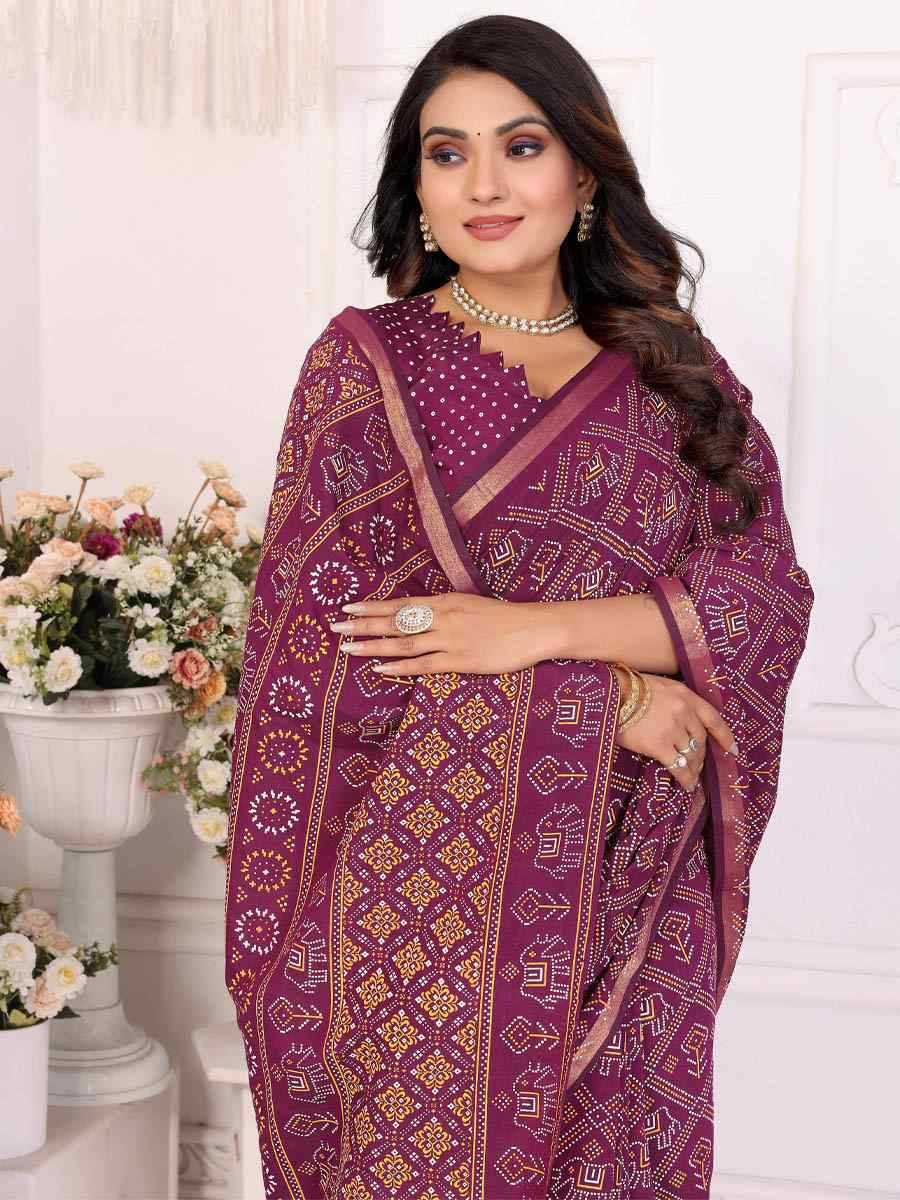 Purple Soft Cotton Bandhej Print Zari Weaving Work Festival Wedding Fancy Heavy Border Saree