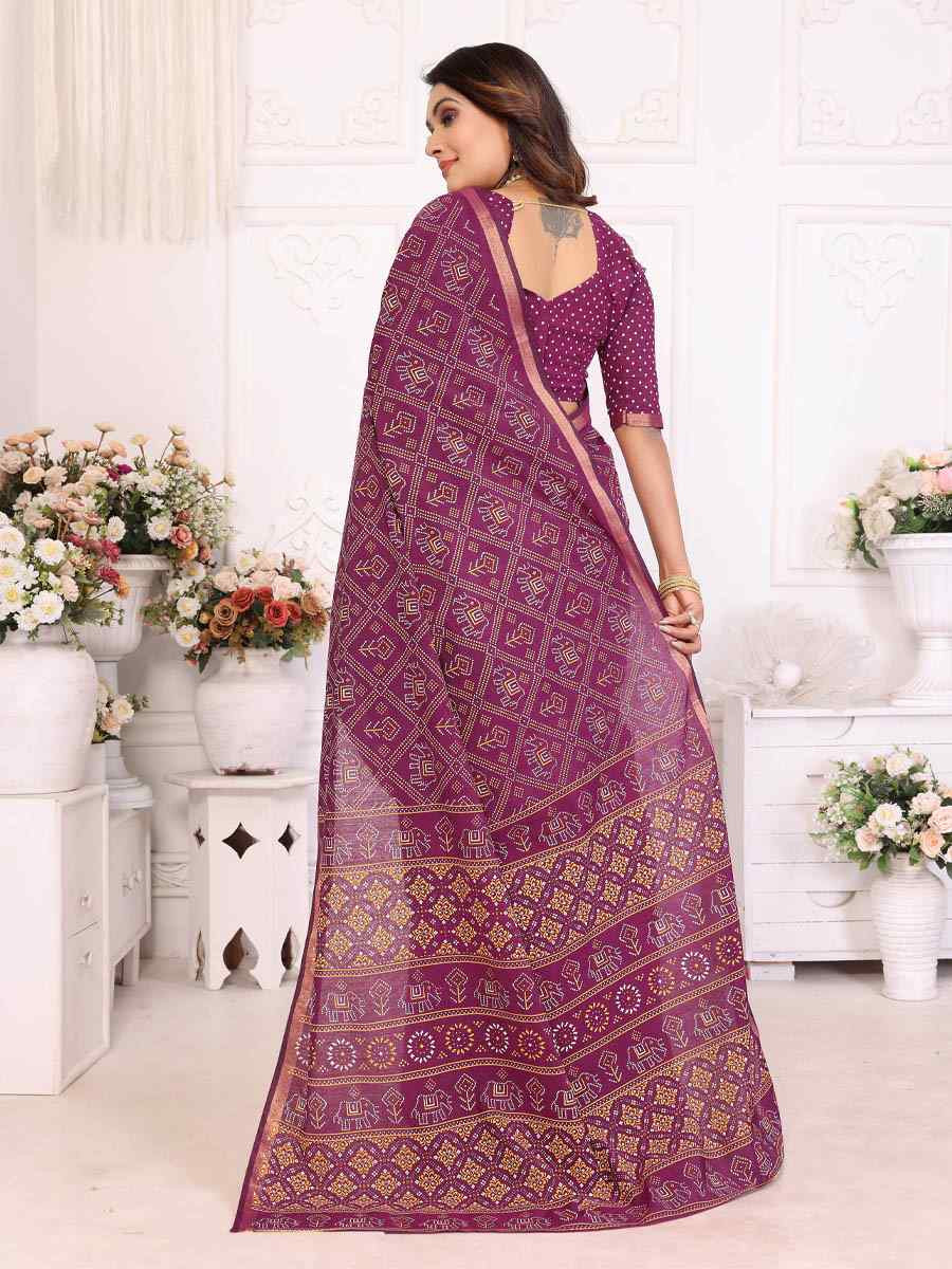 Purple Soft Cotton Bandhej Print Zari Weaving Work Festival Wedding Fancy Heavy Border Saree