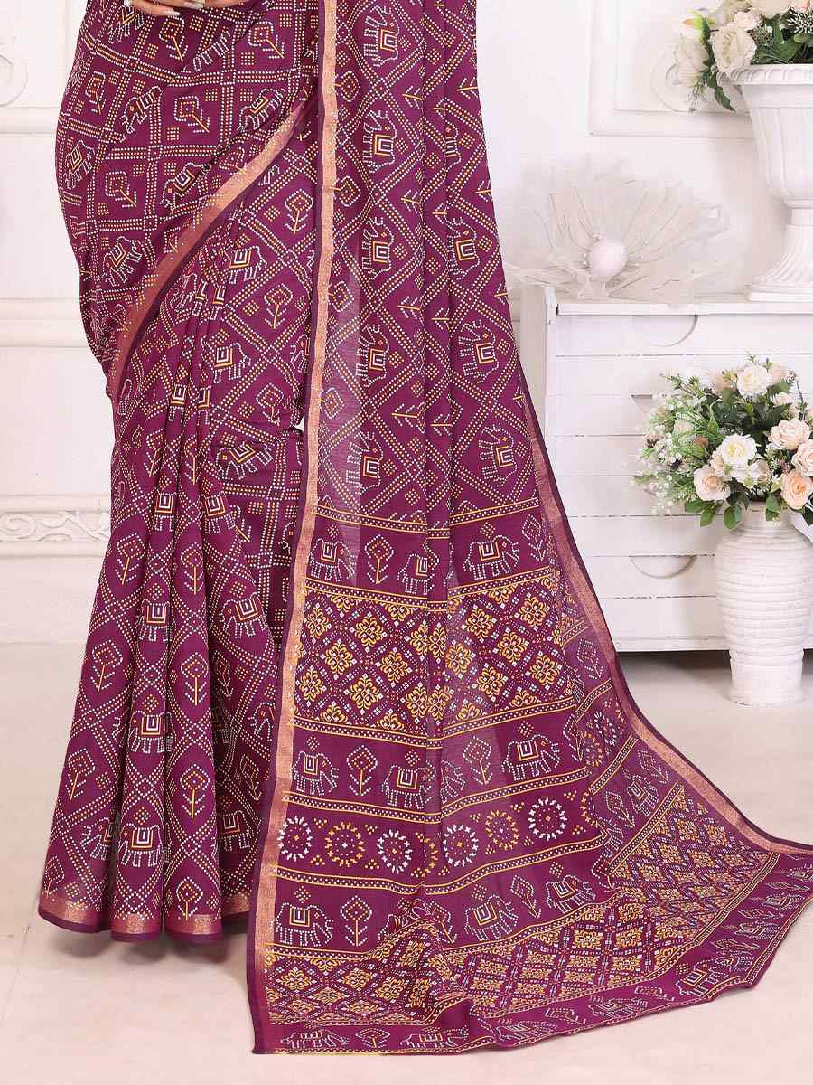 Purple Soft Cotton Bandhej Print Zari Weaving Work Festival Wedding Fancy Heavy Border Saree