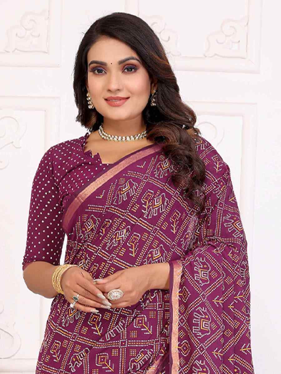 Purple Soft Cotton Bandhej Print Zari Weaving Work Festival Wedding Fancy Heavy Border Saree