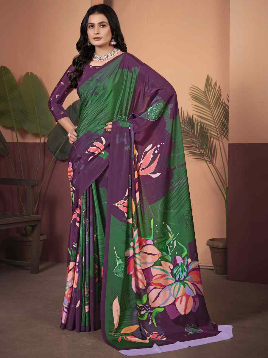 Purple Soft Crepe Silk Printed Festival Wedding Heavy Border Saree