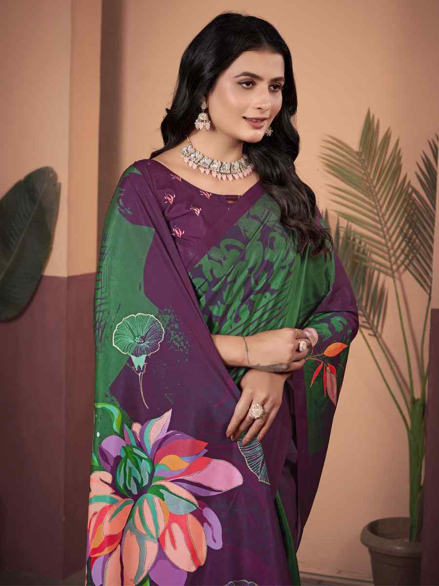 Purple Soft Crepe Silk Printed Festival Wedding Heavy Border Saree