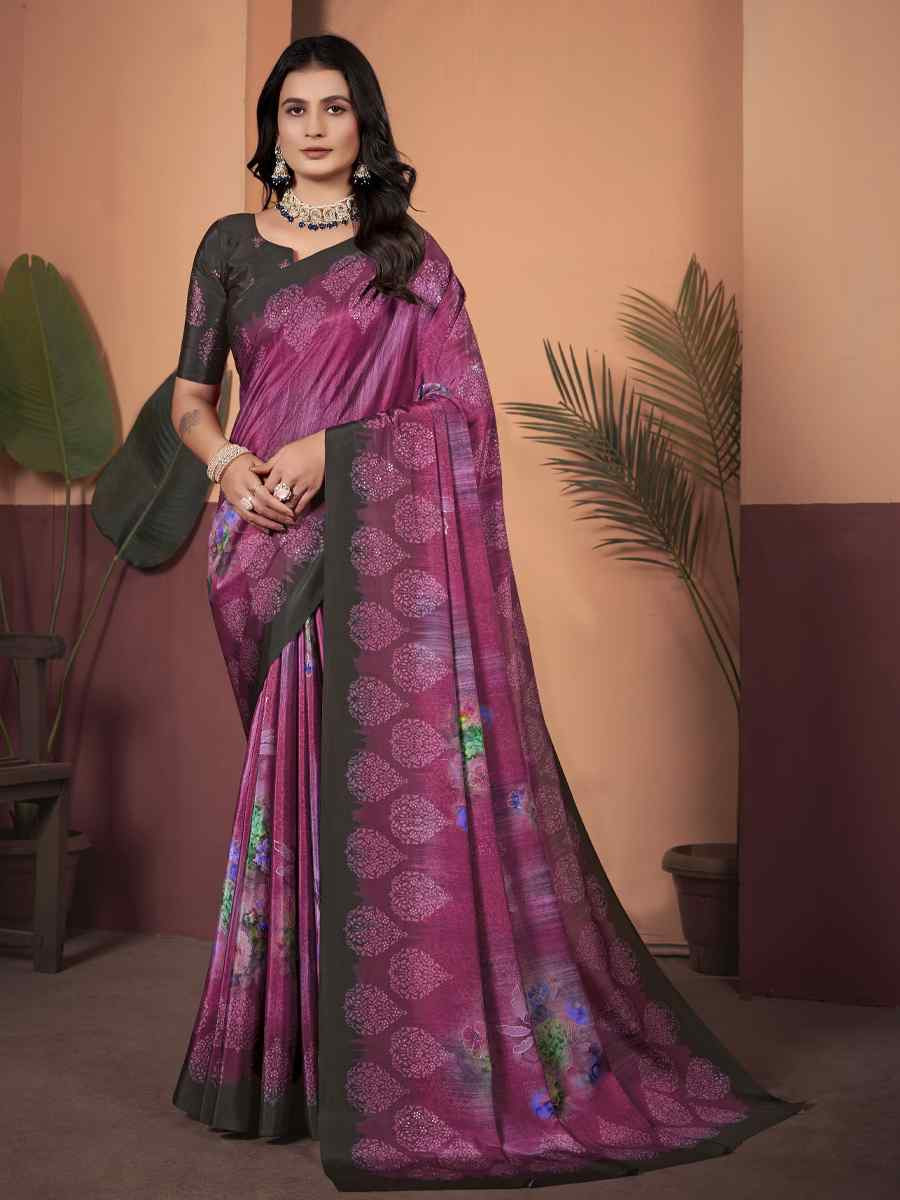 Purple Soft Crepe Silk Printed Festival Wedding Heavy Border Saree