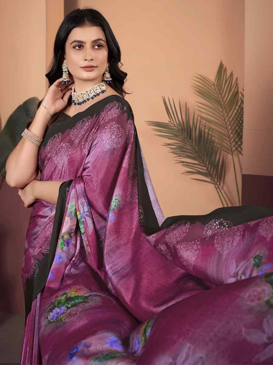 Purple Soft Crepe Silk Printed Festival Wedding Heavy Border Saree