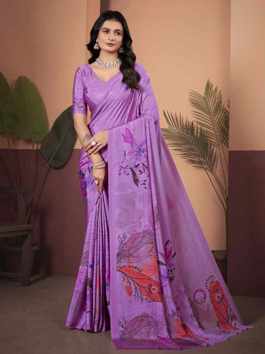 Purple Soft Crepe Silk Printed Festival Wedding Heavy Border Saree