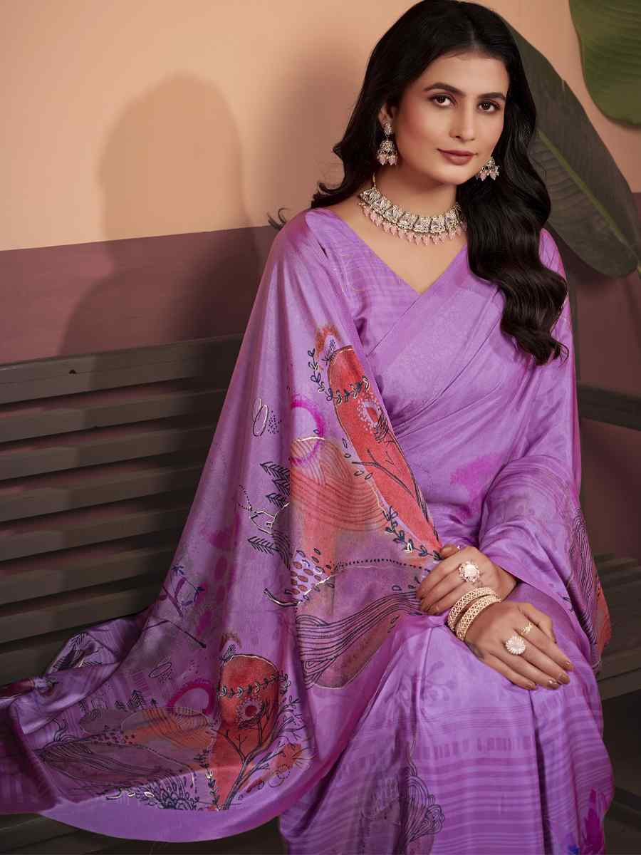 Purple Soft Crepe Silk Printed Festival Wedding Heavy Border Saree
