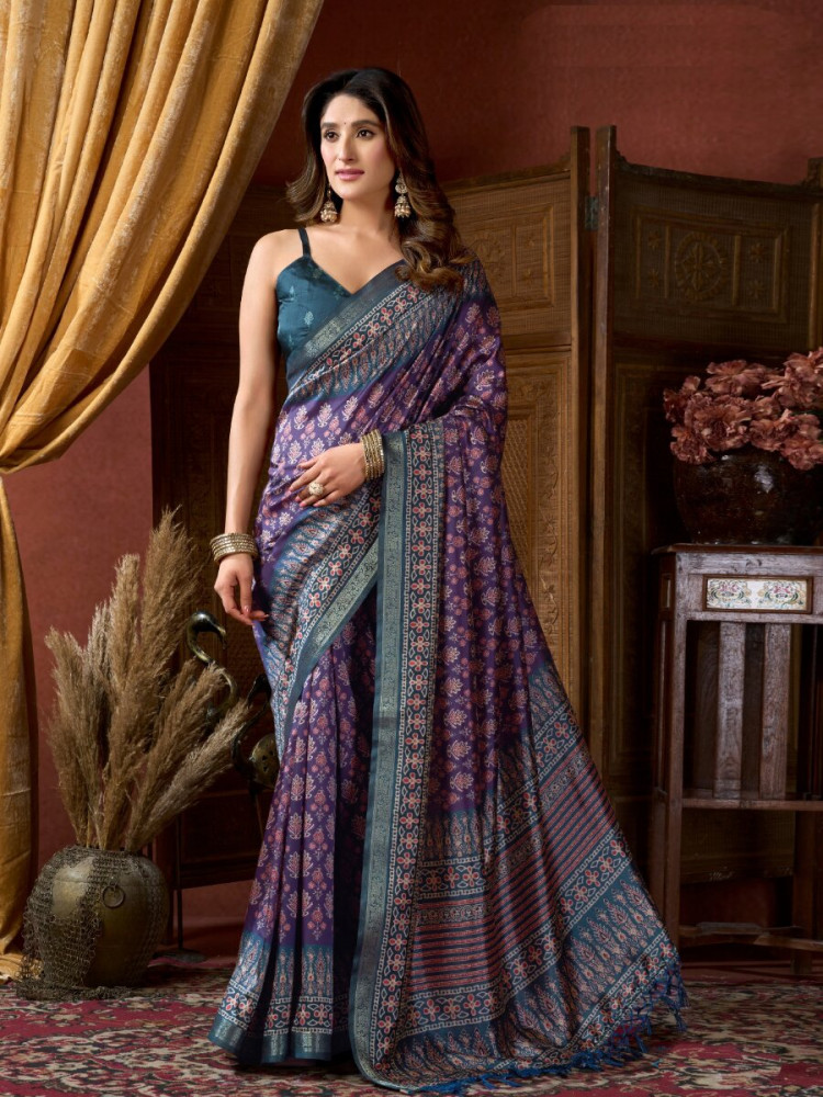 Image of Purple Soft Crepe Silk Printed Wedding Reception Party Casual Heavy Border Sarees