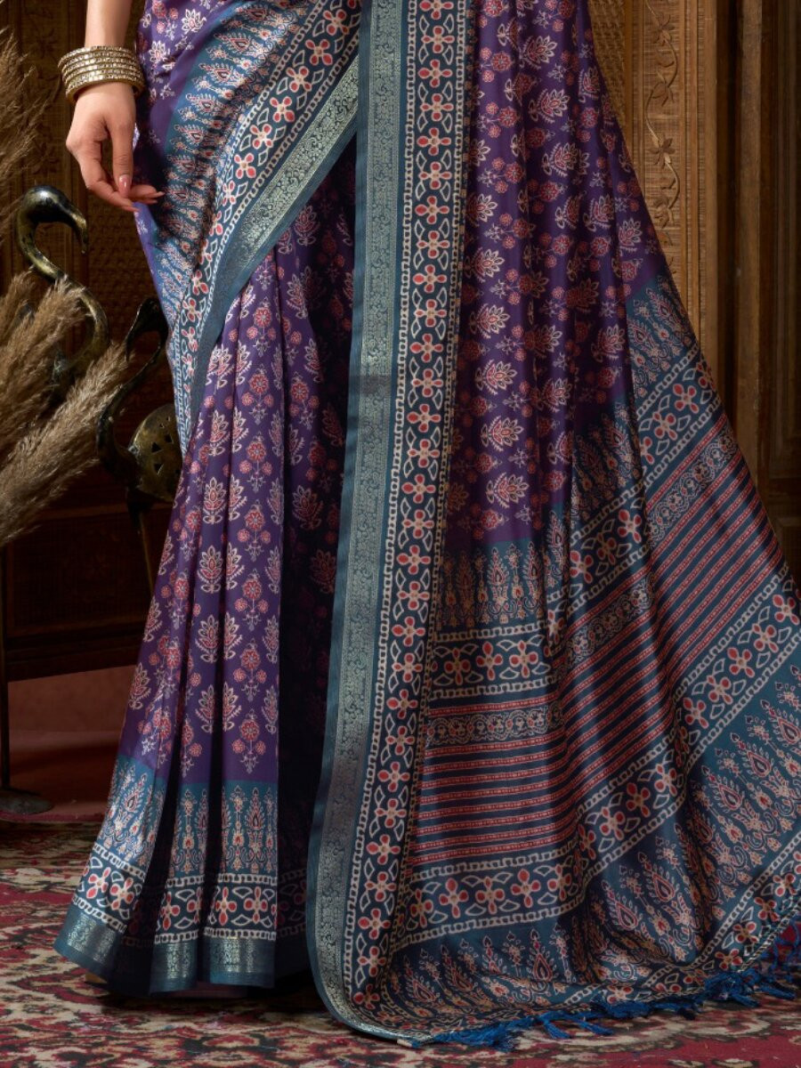 Purple Soft Crepe Silk Printed Wedding Reception Party Casual Heavy Border Sarees