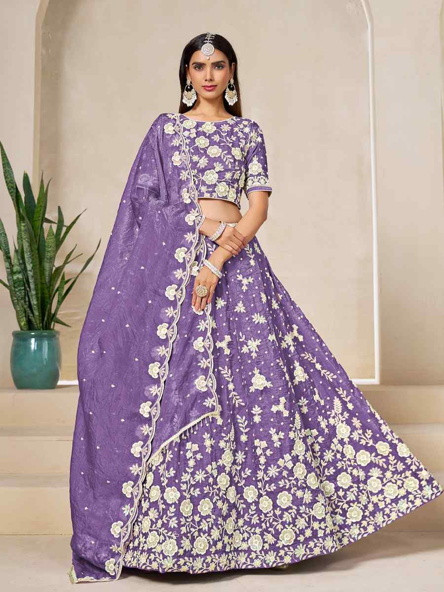 Purple Soft Crush Fill Organza Embroidered Wedding Reception Festival Heavy Border Lehenga Choli