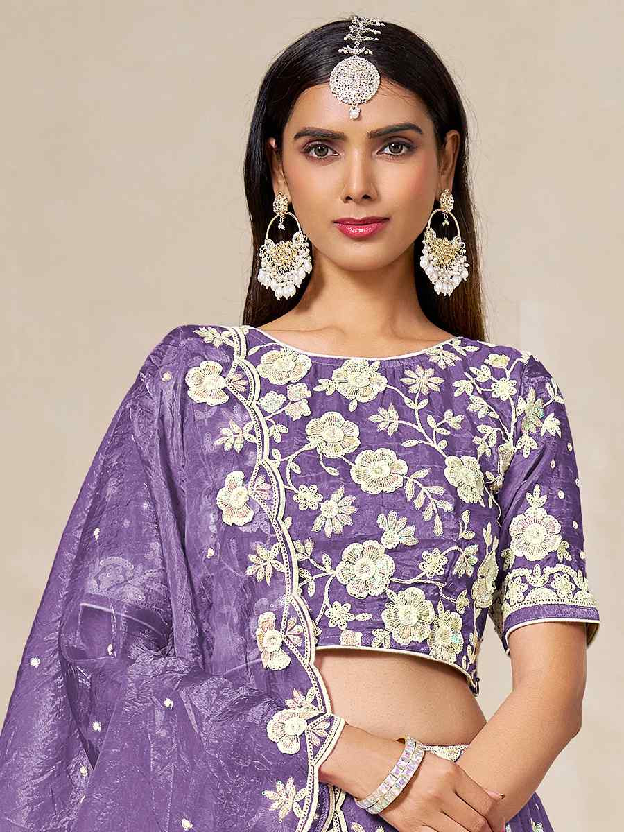 Purple Soft Crush Fill Organza Embroidered Wedding Reception Festival Heavy Border Lehenga Choli