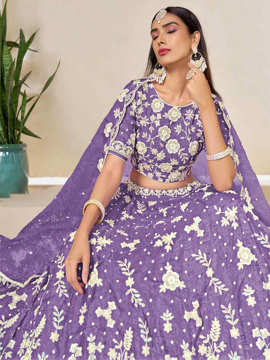Purple Soft Crush Fill Organza Embroidered Wedding Reception Festival Heavy Border Lehenga Choli
