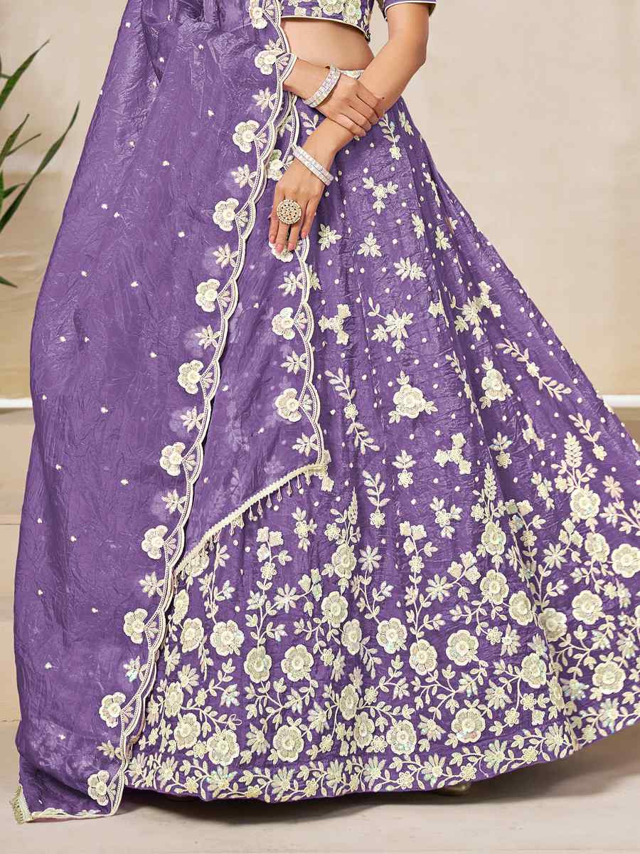 Purple Soft Crush Fill Organza Embroidered Wedding Reception Festival Heavy Border Lehenga Choli