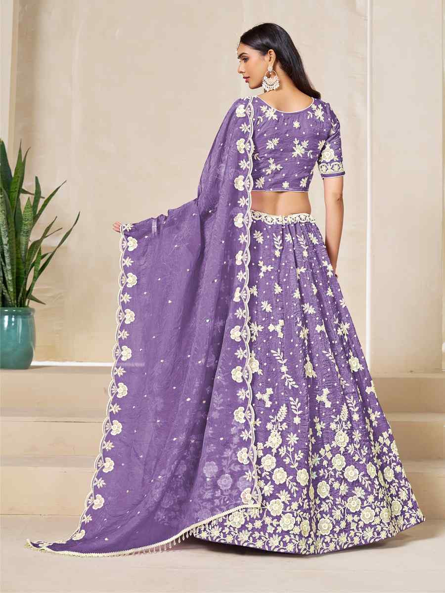 Purple Soft Crush Fill Organza Embroidered Wedding Reception Festival Heavy Border Lehenga Choli
