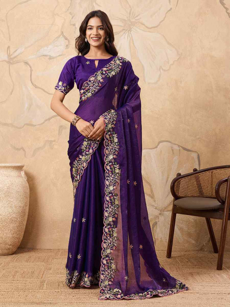 Image of Purple Soft Fendy Chiffon Embroidery Bridal Reception Festival Wedding Fancy Heavy Border Saree