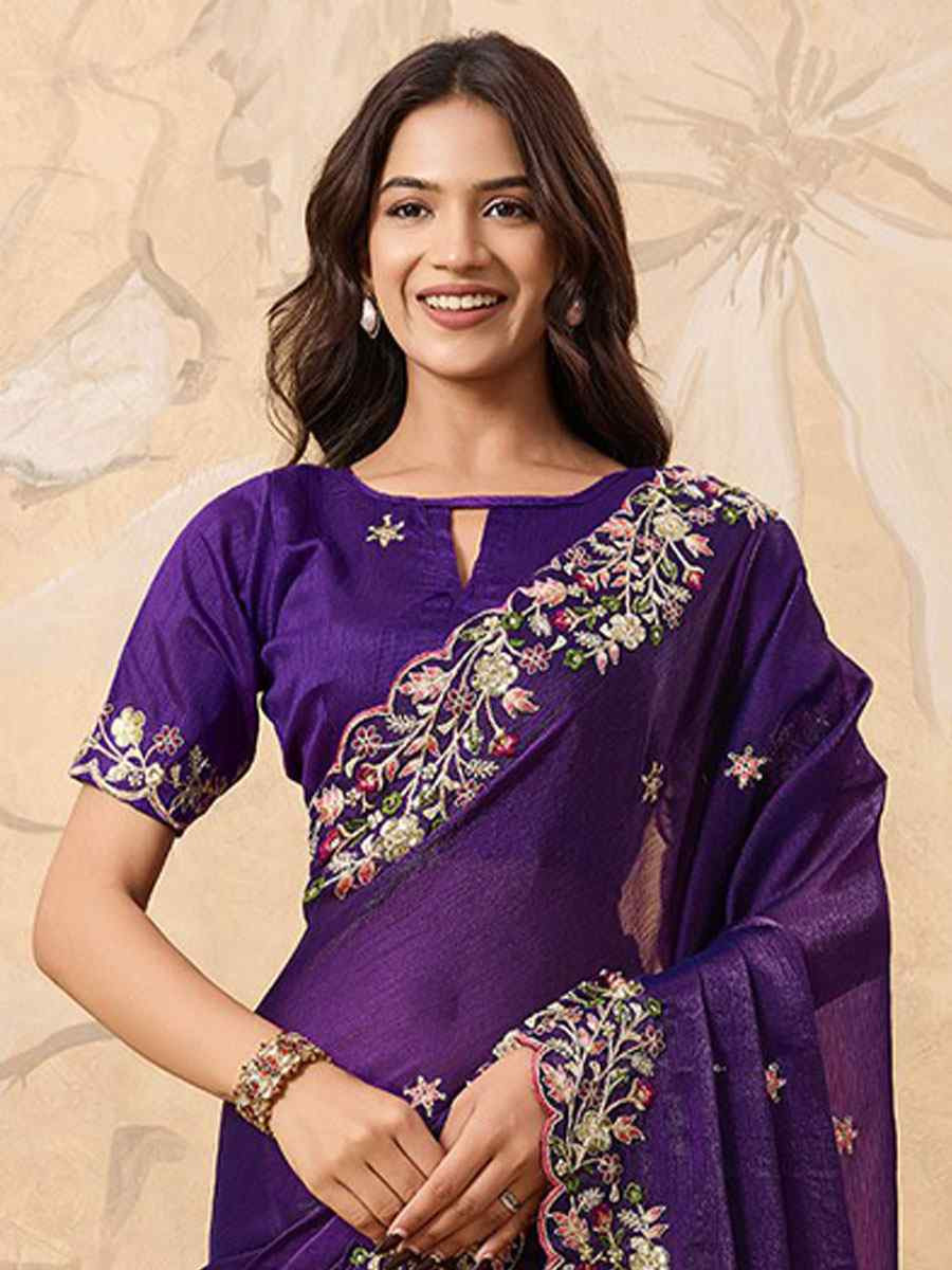 Purple Soft Fendy Chiffon Embroidery Bridal Reception Festival Wedding Fancy Heavy Border Saree