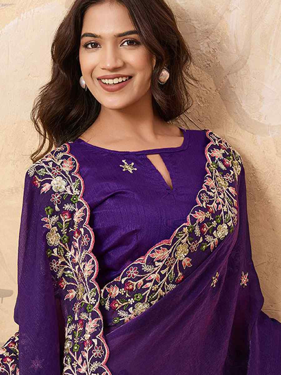 Purple Soft Fendy Chiffon Embroidery Bridal Reception Festival Wedding Fancy Heavy Border Saree