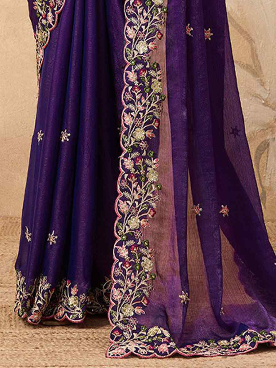 Purple Soft Fendy Chiffon Embroidery Bridal Reception Festival Wedding Fancy Heavy Border Saree