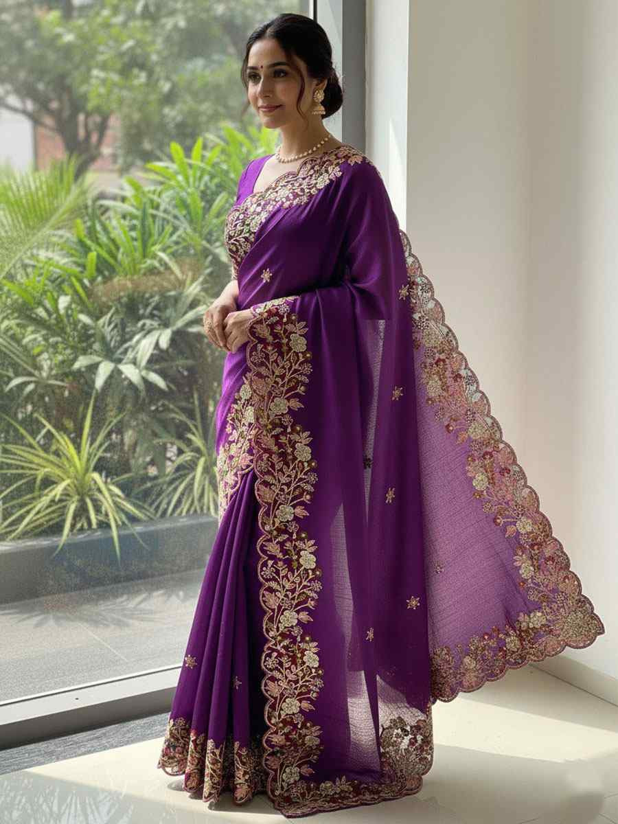 Purple Soft Fendy Chiffon Embroidery Traditional Casual Reception Festival Wedding Fancy Heavy Border Saree