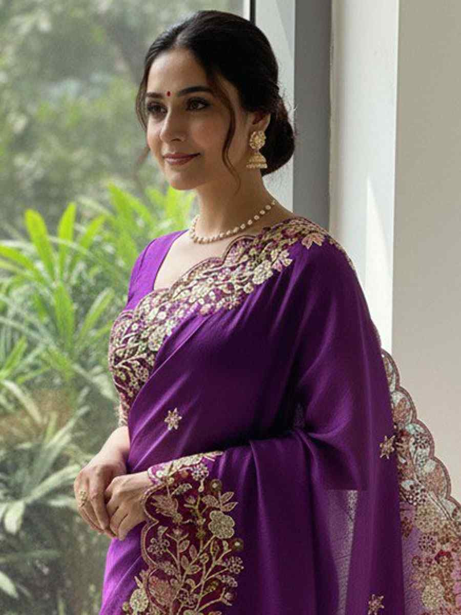 Purple Soft Fendy Chiffon Embroidery Traditional Casual Reception Festival Wedding Fancy Heavy Border Saree