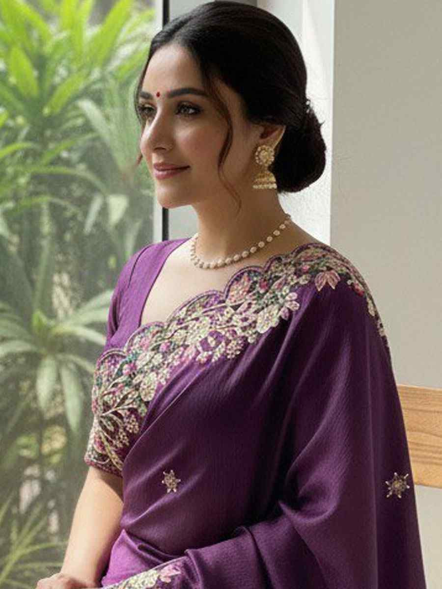 Purple Soft Fendy Chiffon Embroidery Traditional Casual Reception Festival Wedding Fancy Heavy Border Saree