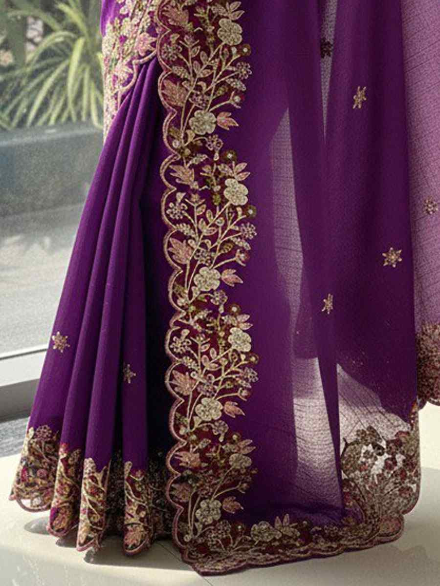 Purple Soft Fendy Chiffon Embroidery Traditional Casual Reception Festival Wedding Fancy Heavy Border Saree