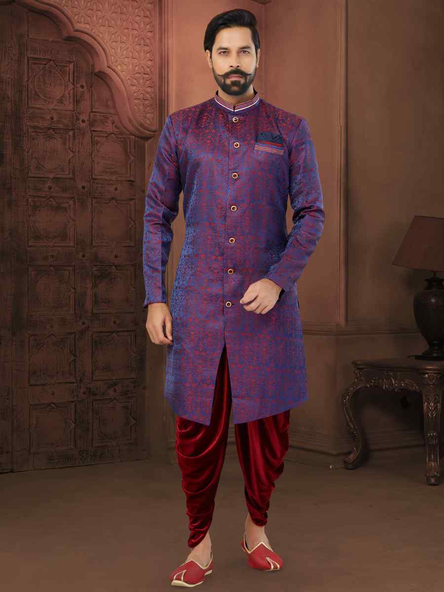 Purple Soft Jacquard Embroidered Wedding Groom Sherwani