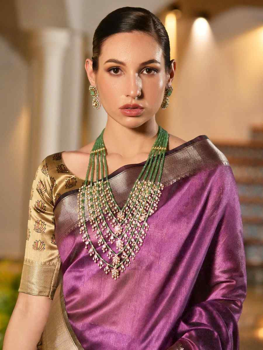 Purple Soft Khadi Raw Silk Printed Zari Handwoven Festival Wedding Fancy Heavy Border Saree