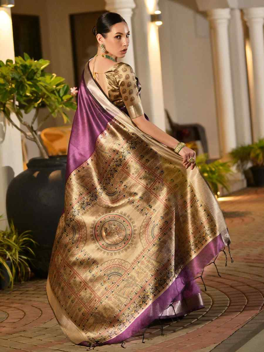 Purple Soft Khadi Raw Silk Printed Zari Handwoven Festival Wedding Fancy Heavy Border Saree