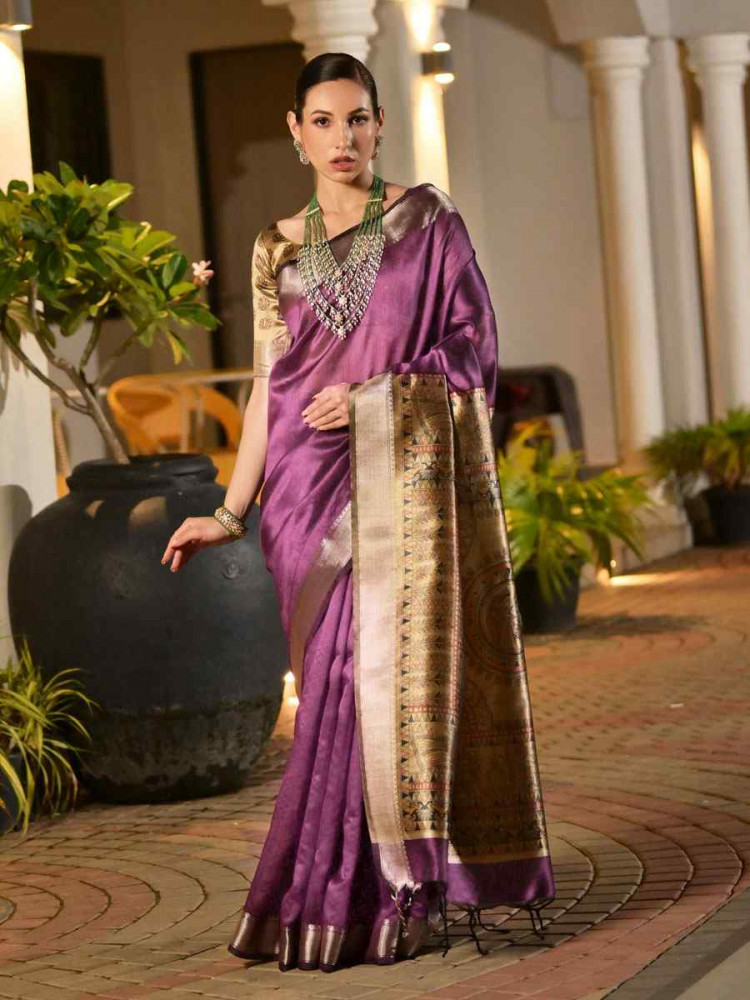 Image of Purple Soft Khadi Raw Silk Printed Zari Handwoven Festival Wedding Fancy Heavy Border Saree