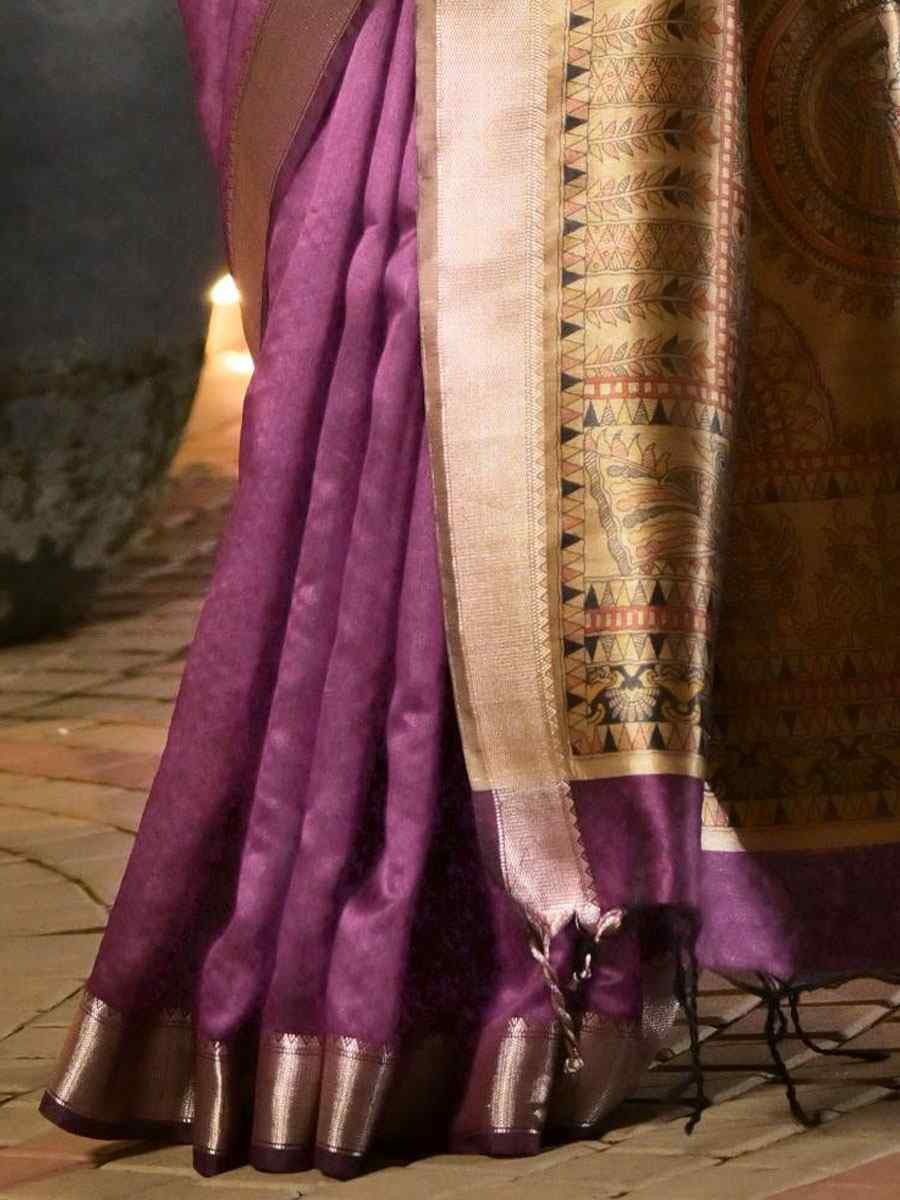 Purple Soft Khadi Raw Silk Printed Zari Handwoven Festival Wedding Fancy Heavy Border Saree