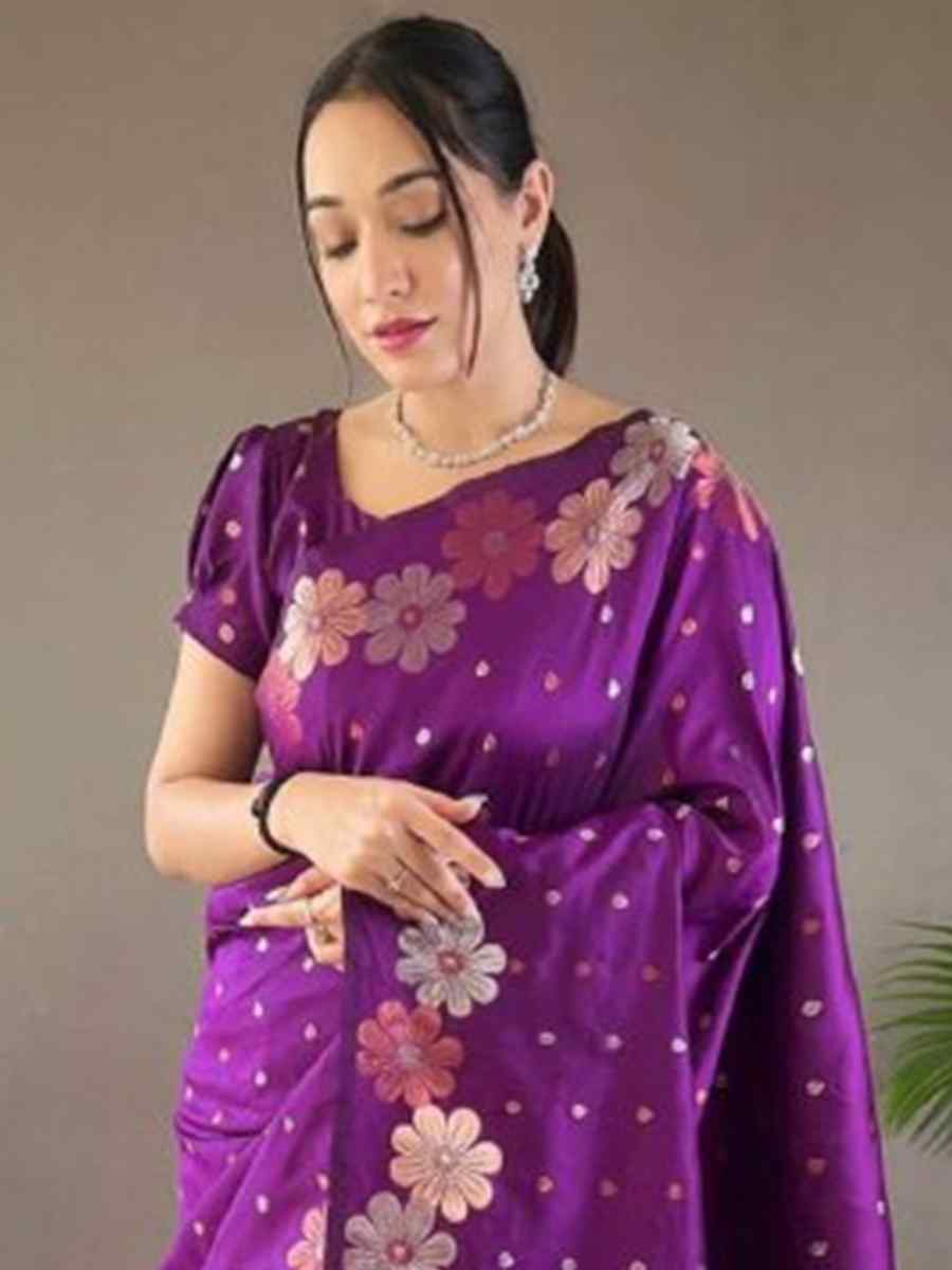 Purple Soft Lichi Silk Handwoven Wedding Festival Heavy Border Saree