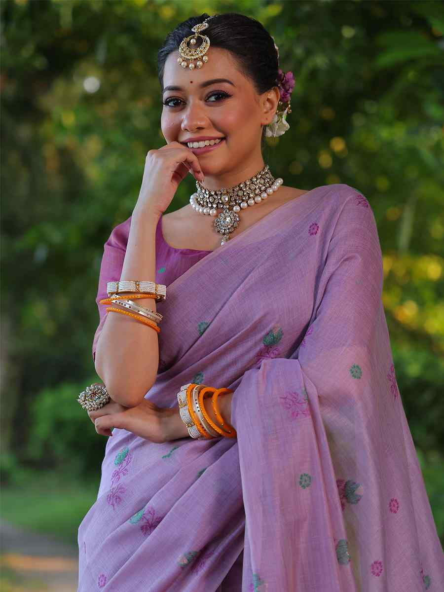 Purple Soft muga Cotton Printed Festival Casual Contemporary Saree