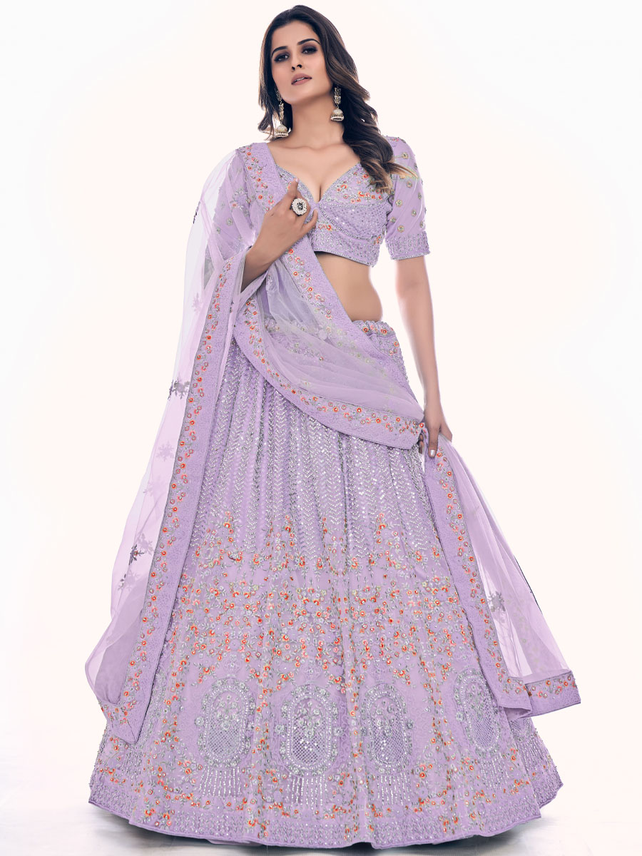 Purple Soft Net Embroidered Bridal Wedding Heavy Border Lehenga Choli