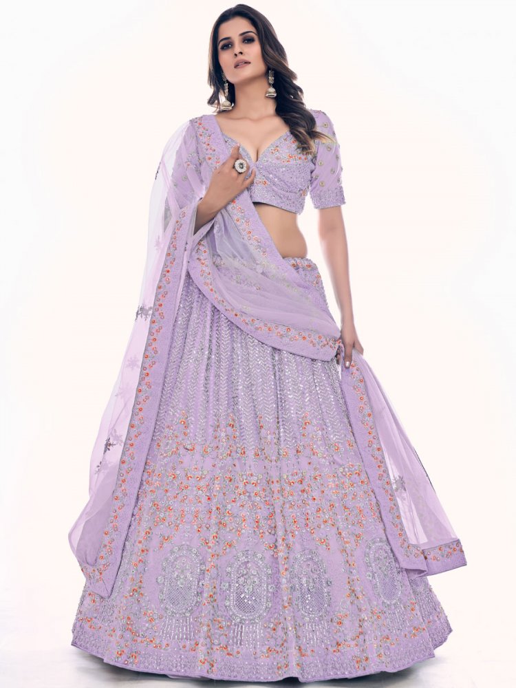Purple Soft Net Embroidered Bridal Wedding Heavy Border Lehenga Choli