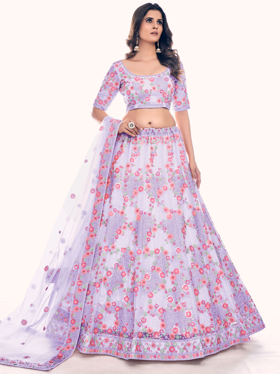 Purple Soft Net Embroidered Bridal Wedding Heavy Border Lehenga Choli