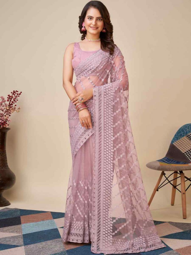 Purple Soft Net Embroidered Party Festival Heavy Border Saree