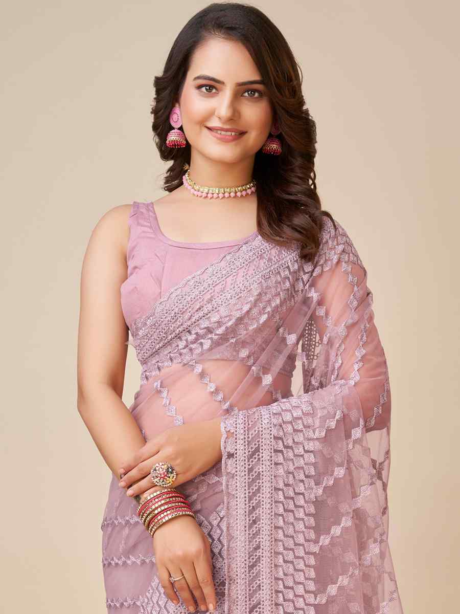 Purple Soft Net Embroidered Party Festival Heavy Border Saree
