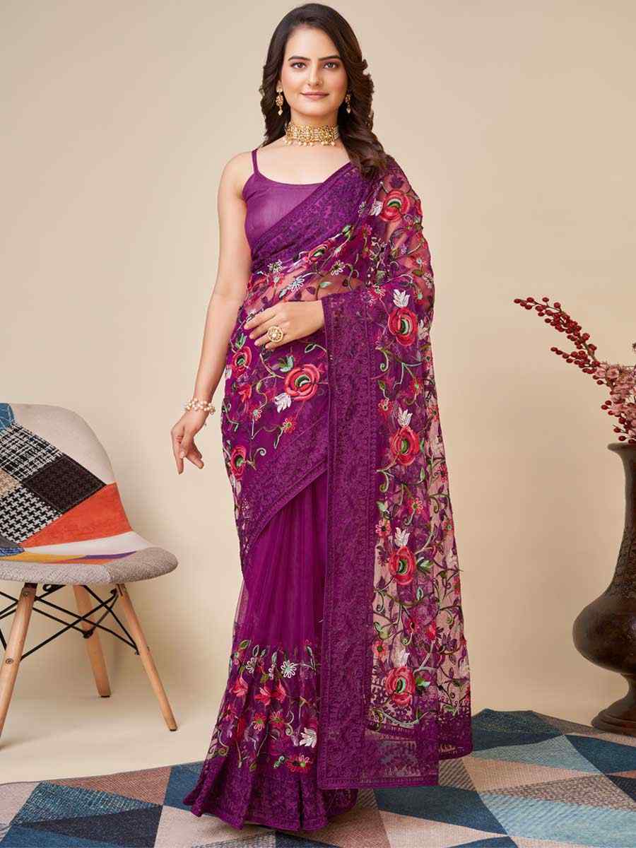 Purple Soft Net Embroidered Party Festival Heavy Border Saree