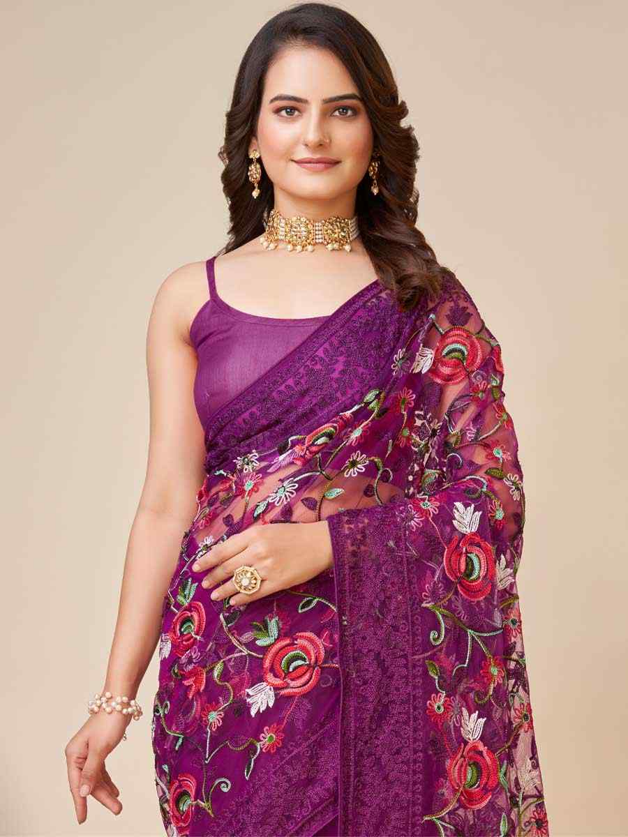 Purple Soft Net Embroidered Party Festival Heavy Border Saree