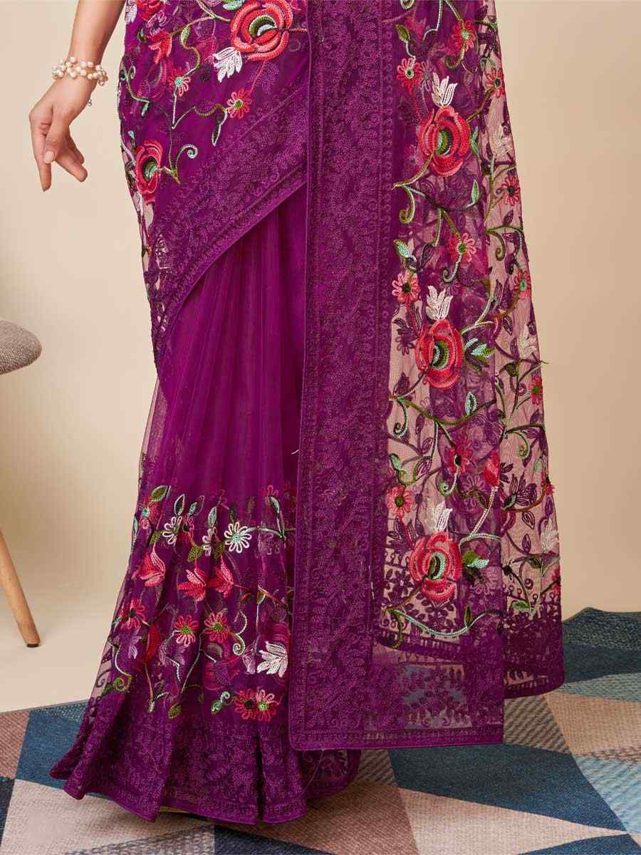 Purple Soft Net Embroidered Party Festival Heavy Border Saree