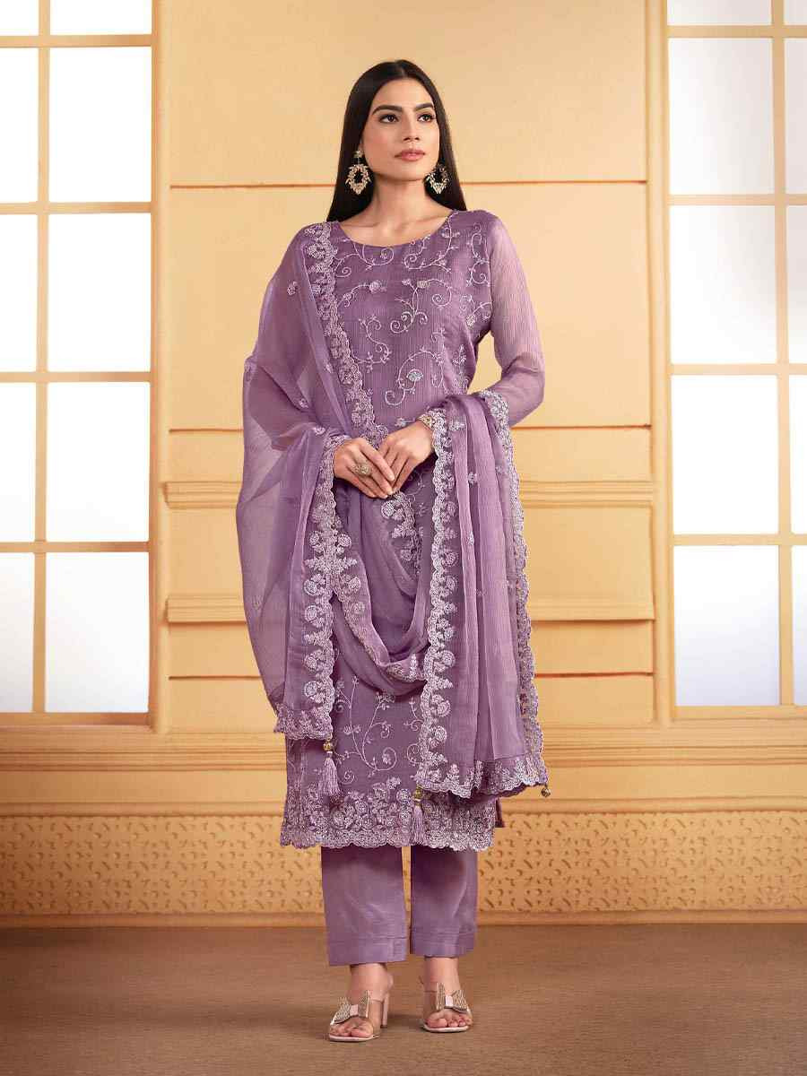 Purple Soft Organza Embroidered Festival Wedding Pant Salwar Kameez