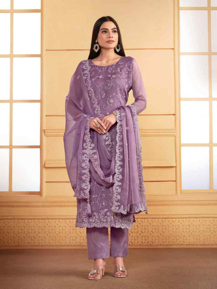 Purple Soft Organza Embroidered Festival Wedding Pant Salwar Kameez