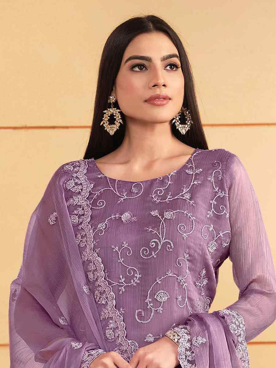 Purple Soft Organza Embroidered Festival Wedding Pant Salwar Kameez