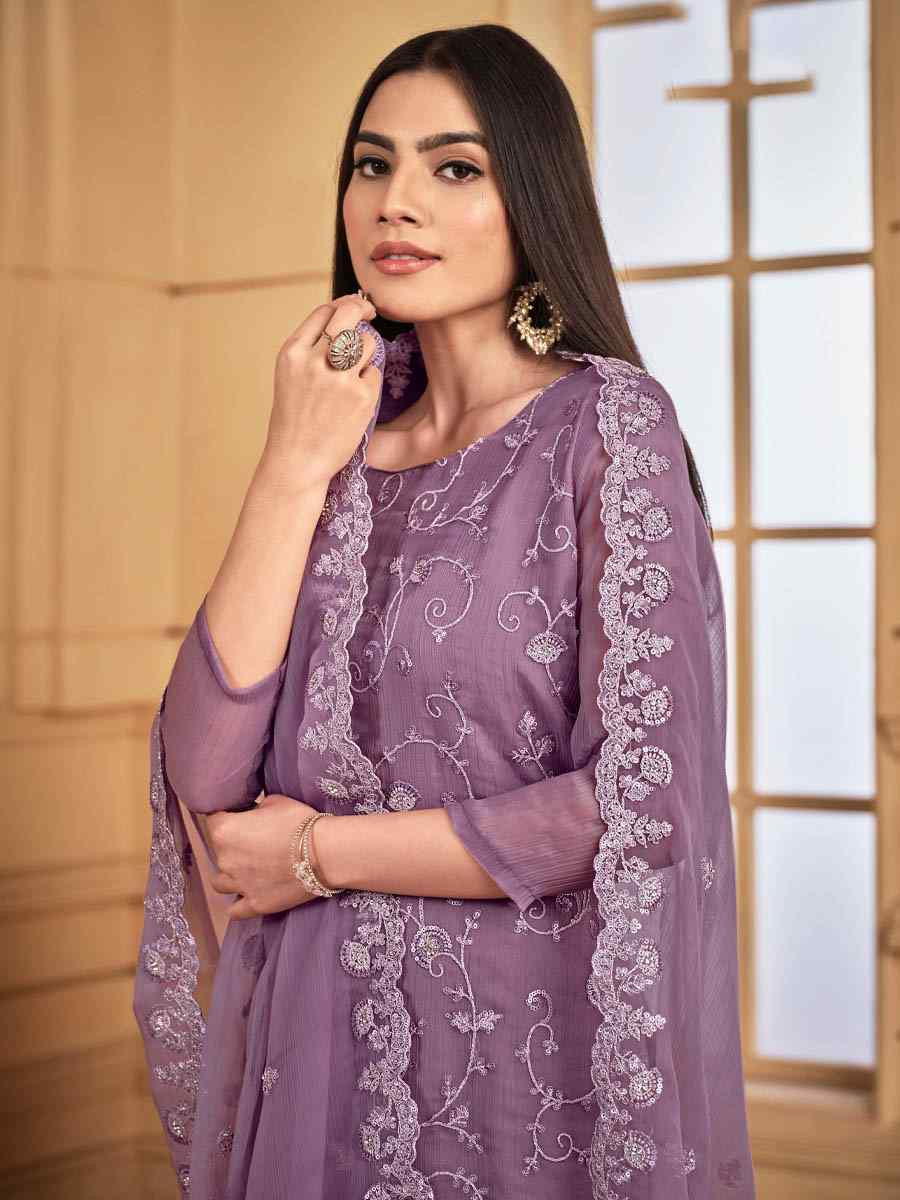 Purple Soft Organza Embroidered Festival Wedding Pant Salwar Kameez