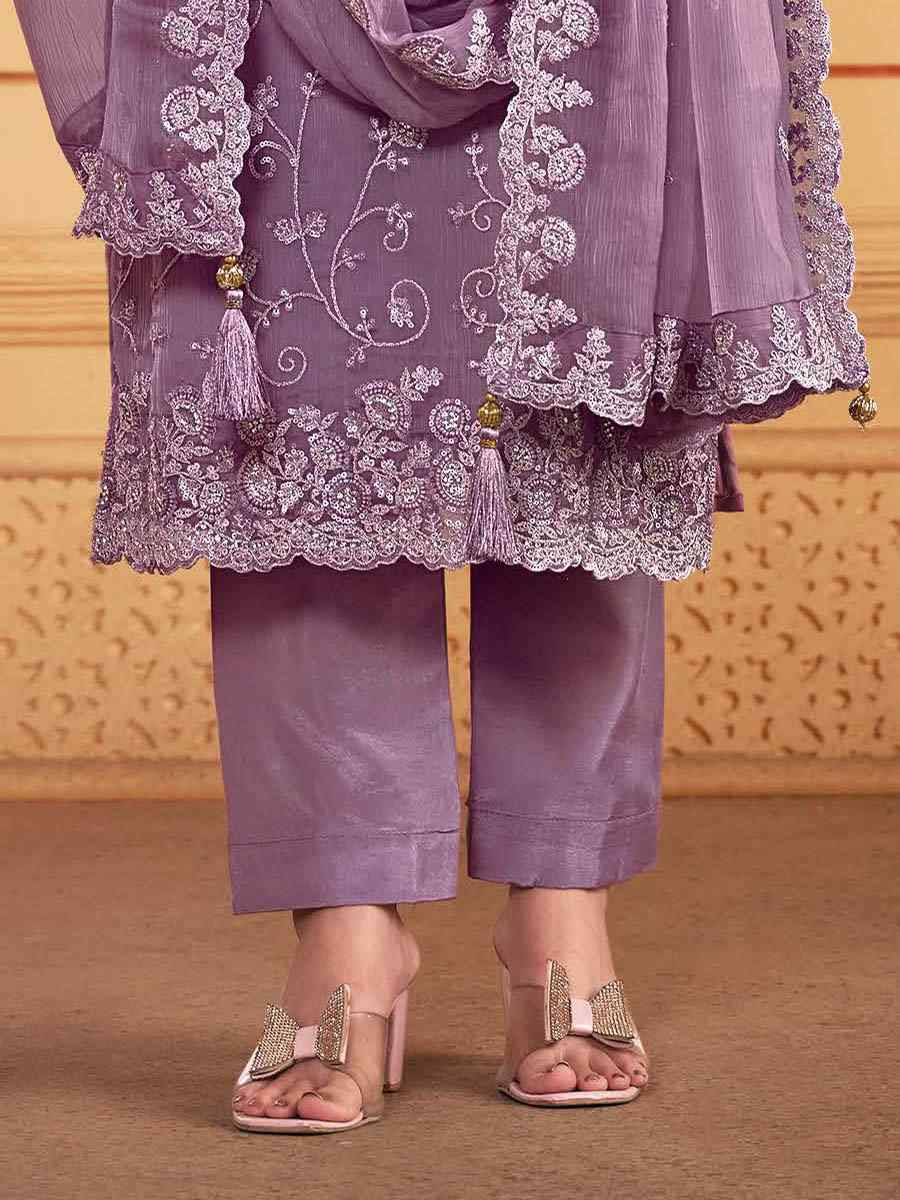Purple Soft Organza Embroidered Festival Wedding Pant Salwar Kameez