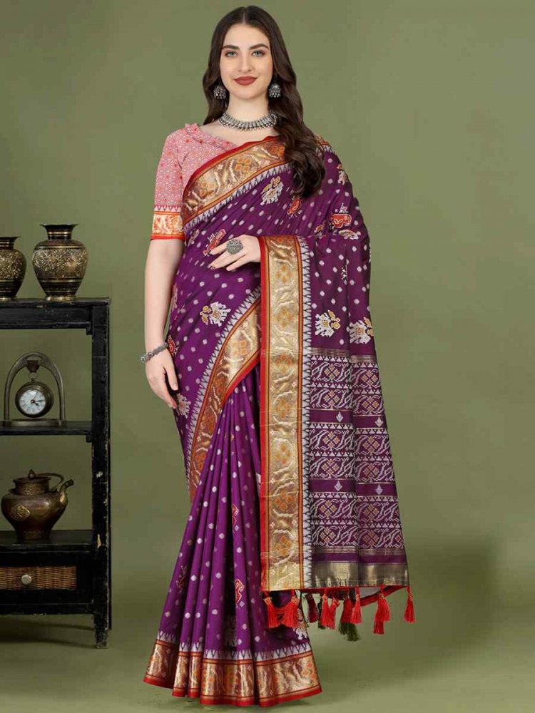 Purple Soft Patola Silk Handwoven Wedding Festival Heavy Border Saree