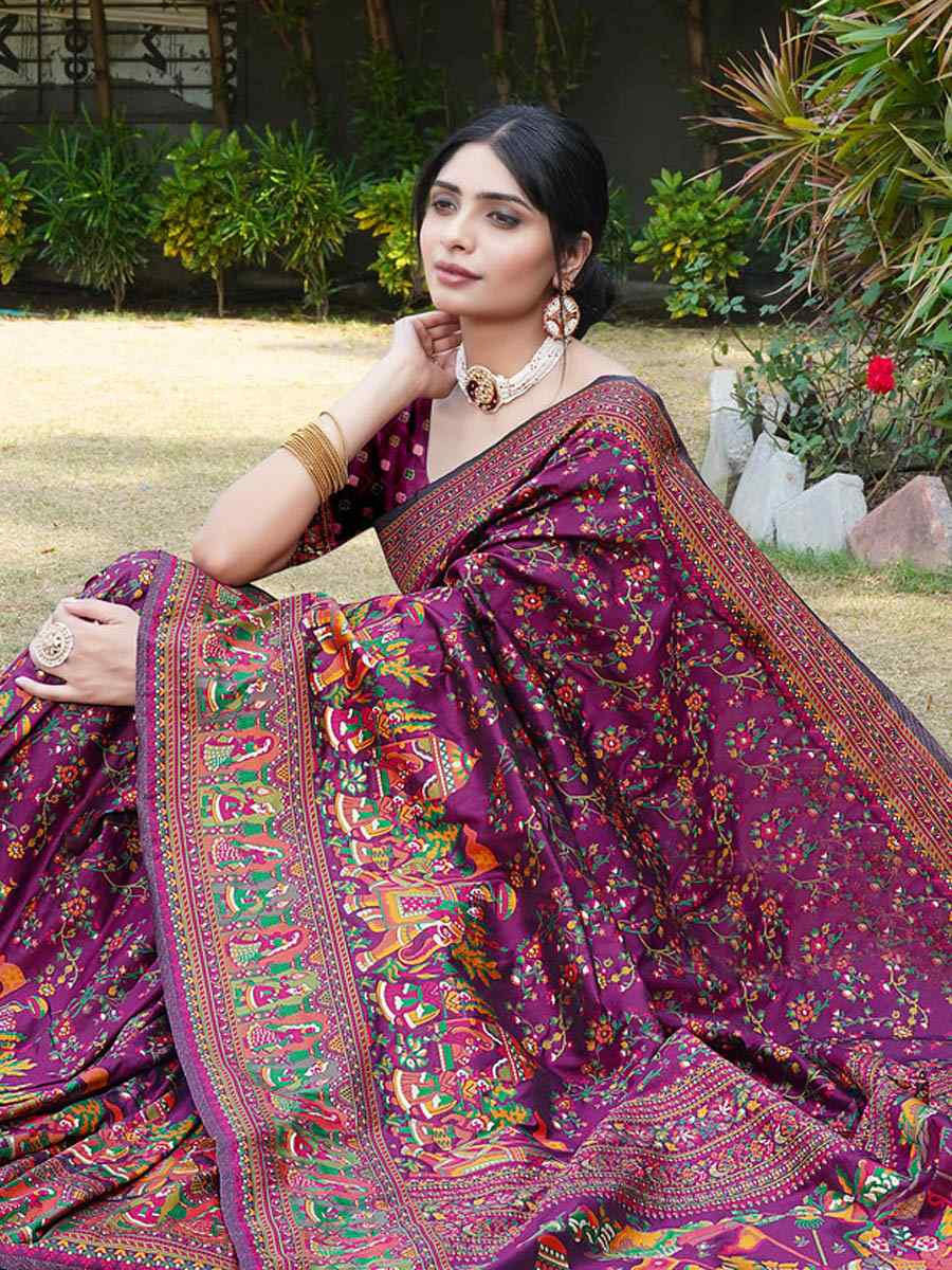 Purple Soft Pure Silk Handwoven Festival Wedding Fancy Heavy Border Saree