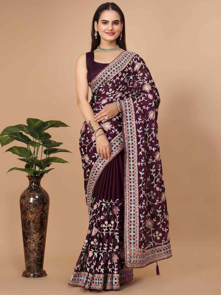 Purple Soft Rangoli Silk Embroidered Wedding Reception Heavy Border Saree