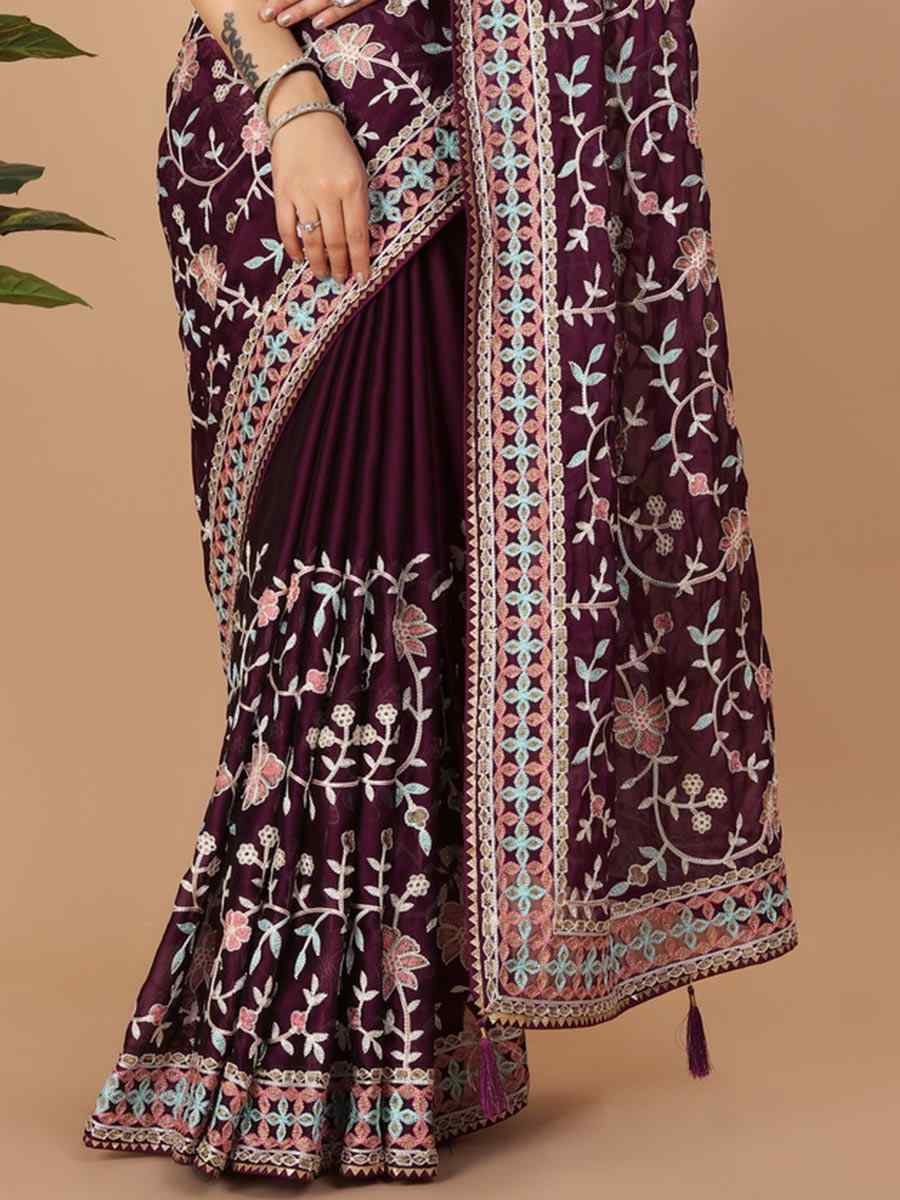 Purple Soft Rangoli Silk Embroidered Wedding Reception Heavy Border Saree